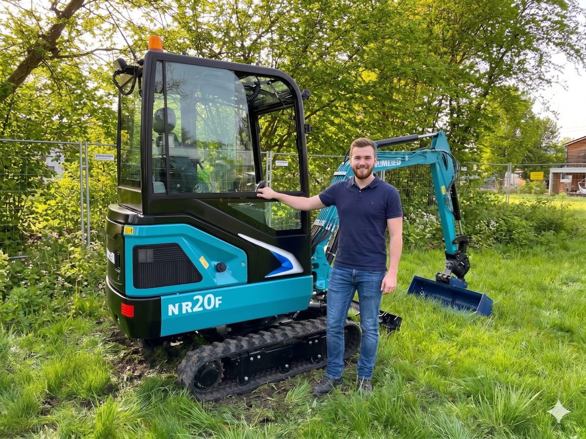 a man standing next to a blue and black construction vehicle
