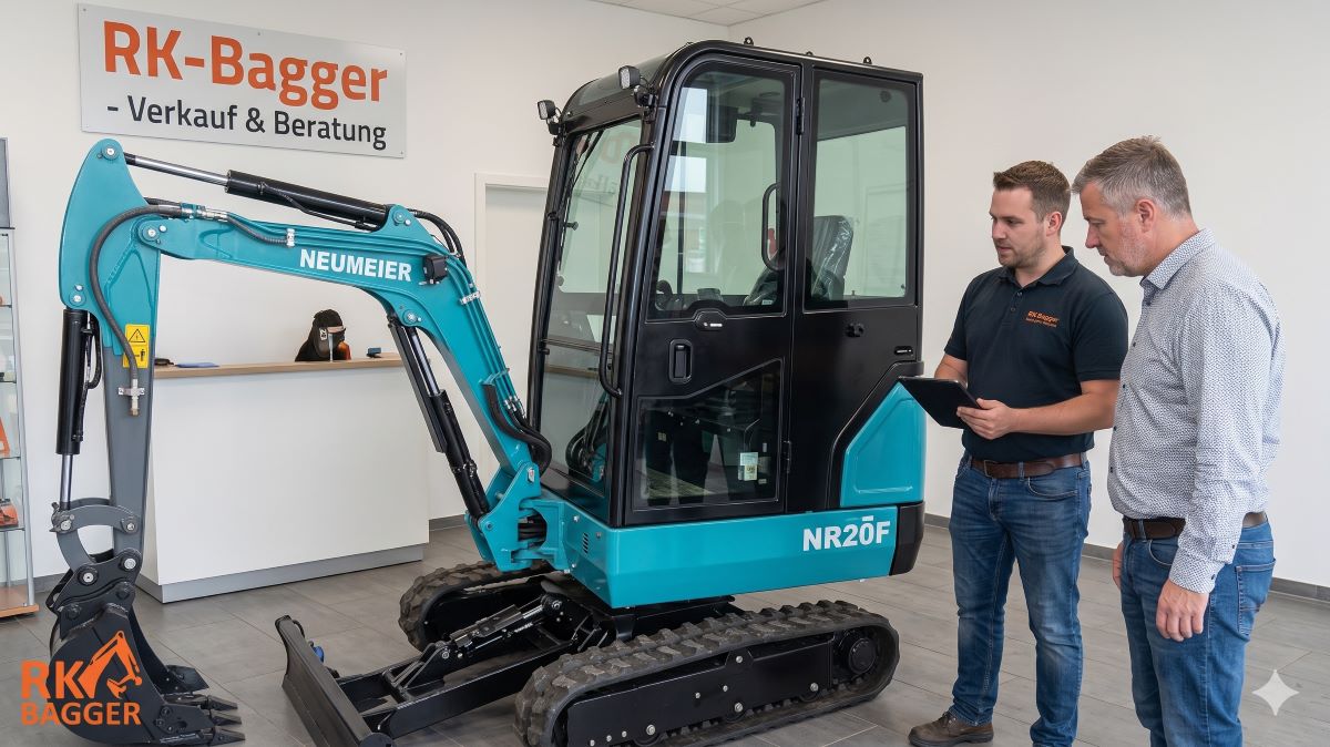 Ein RK-Bagger-Mitarbeiter und ein Kunde stehen neben einem türkisfarbenen NEUMEIER NR20F im Showroom. Der Mitarbeiter hält ein schwarzes, unbeschriftetes Tablet.