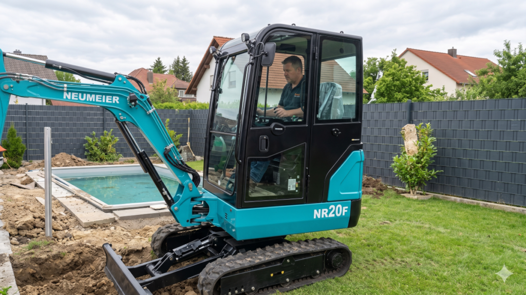 Privater Poolbau mit dem Neumeier NR20F Minibagger im Garten.